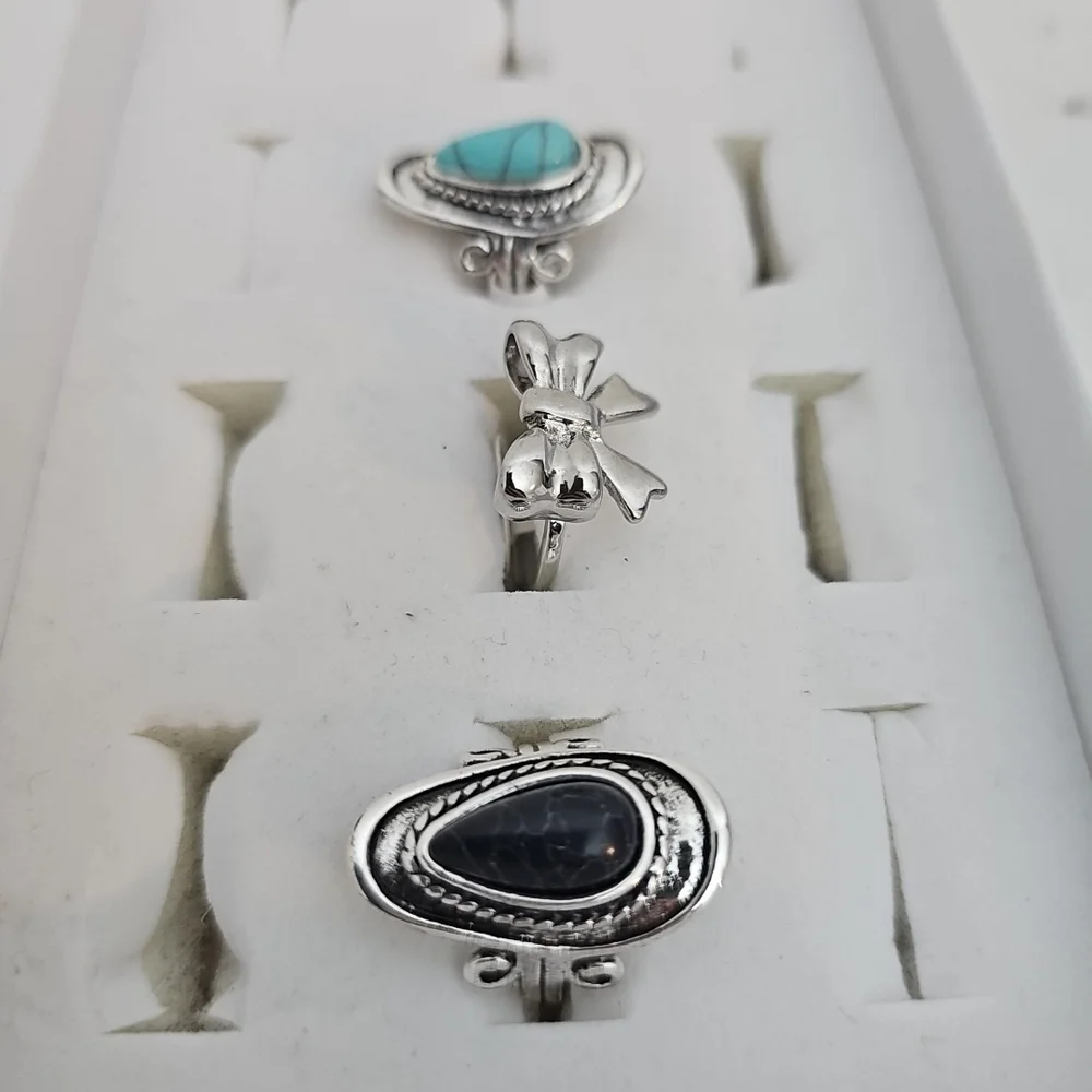 3pc Fashion Ring Set Silver Bow Black Stone Blue Country Girl Southwestern